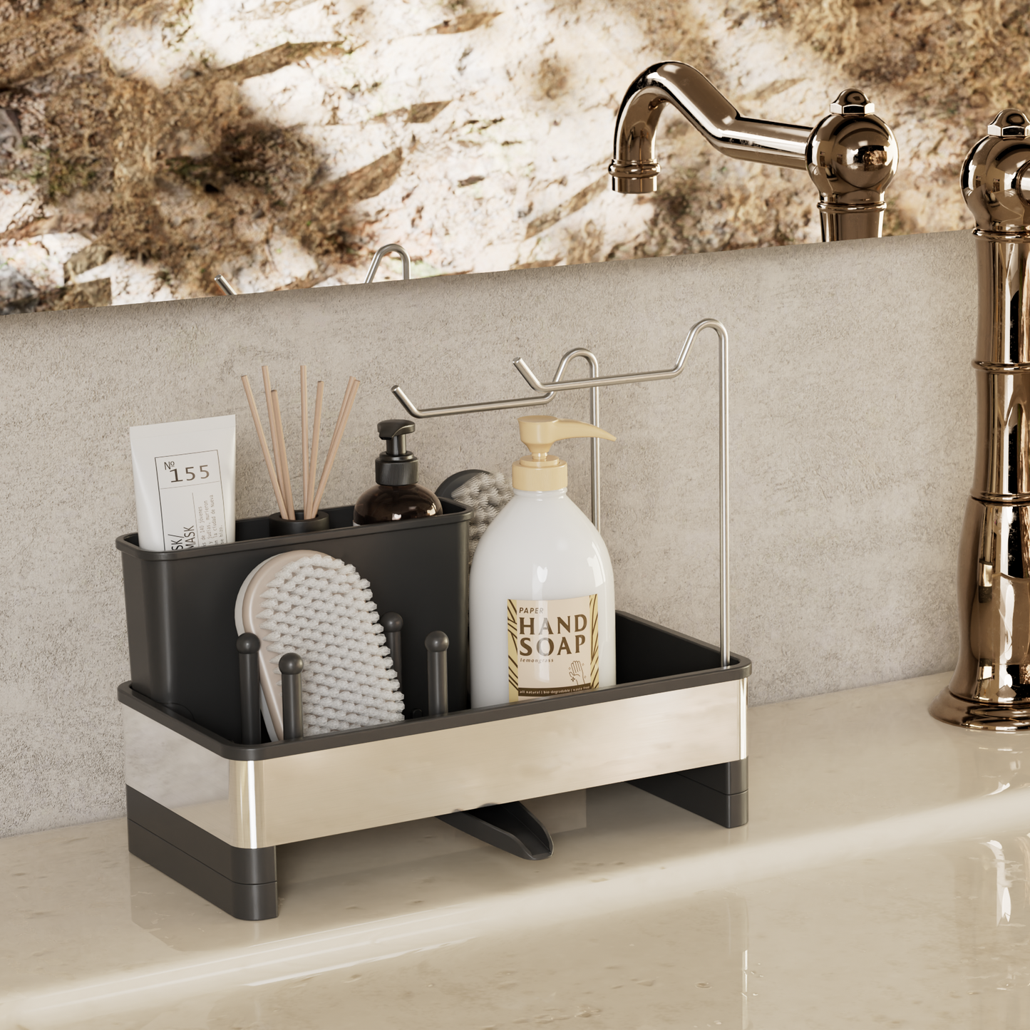 3-in-1 Spülbecken-Organizer – Rostfreier Organizer mit automatischem Abfluss